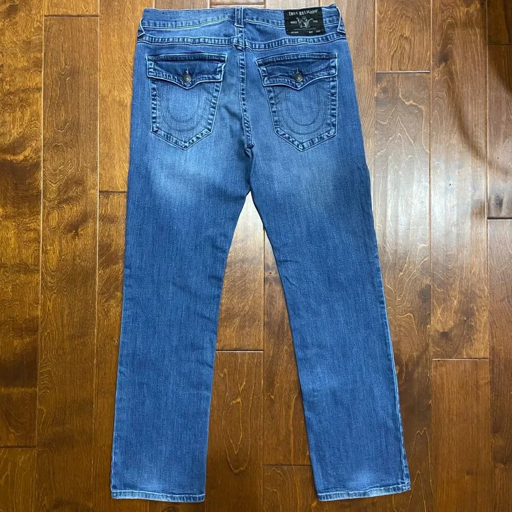 True Religion Relaxed Straight Flap Pocket Denim Blue Jeans Men's Size 34W x 34L